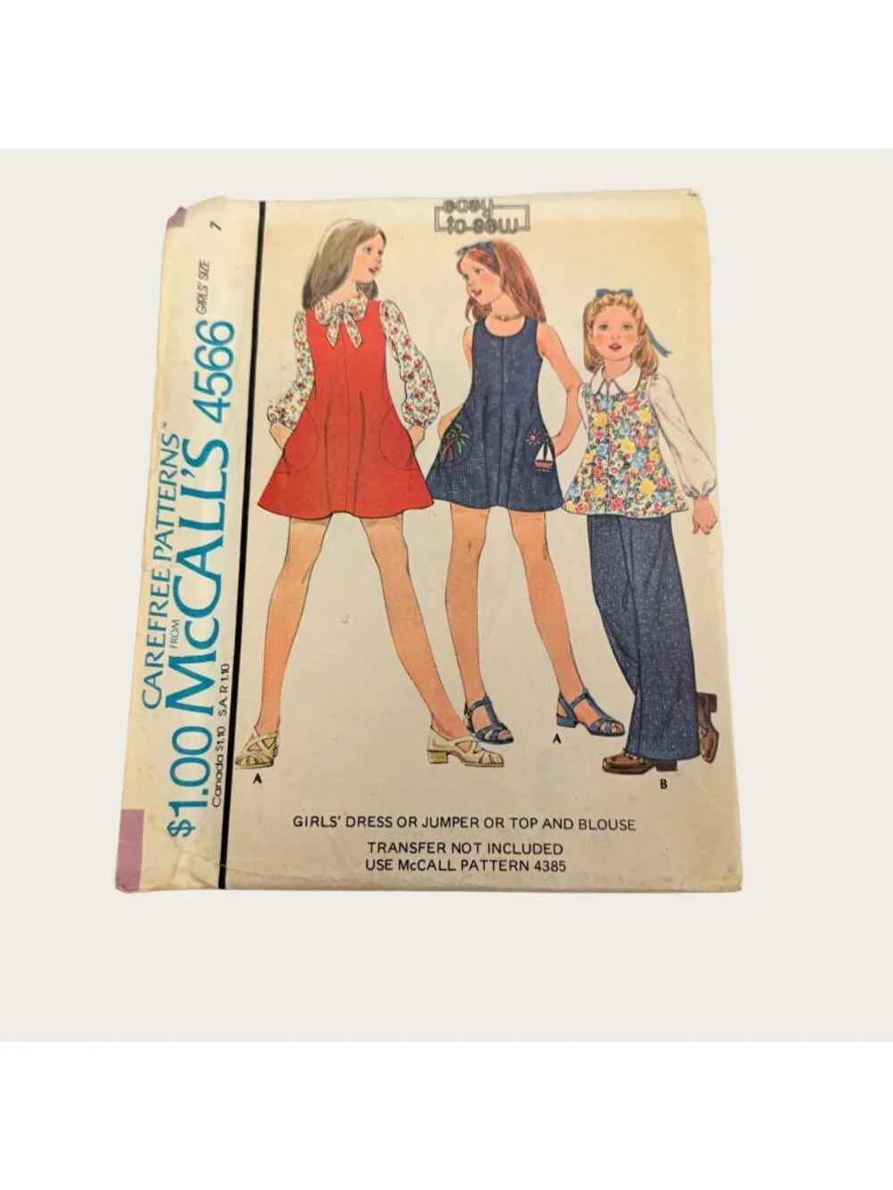 Vintage 1970s McCalls Sewing Pattern 4566 Girls Dress Jumper Top Blouse Size 7